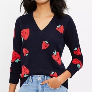 Ann Taylor loft XL Sweater Navy V Neck Strawberry Novelty Preppy Fruit